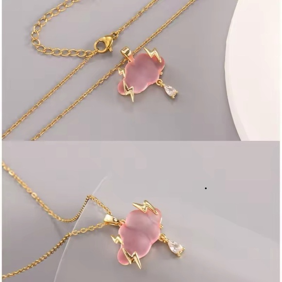 18K Gold Pink Opalescent Cloud Lightning Bolts Diamond Rain Drop Necklace - Picture 4 of 7